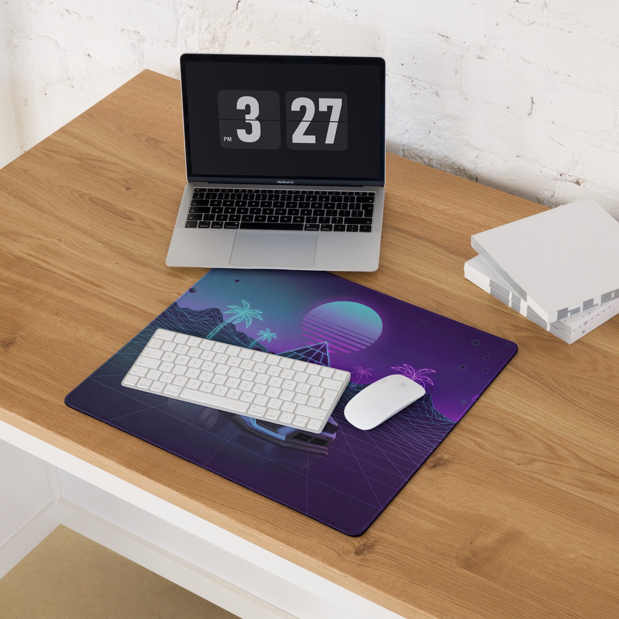 Subaru WRX STI VA Inspired Blue Purple Vaporwave Gaming Mouse Pad, Neon JDM Rally Car Desk Mat with Retro Futuristic Palm Grid Artwork