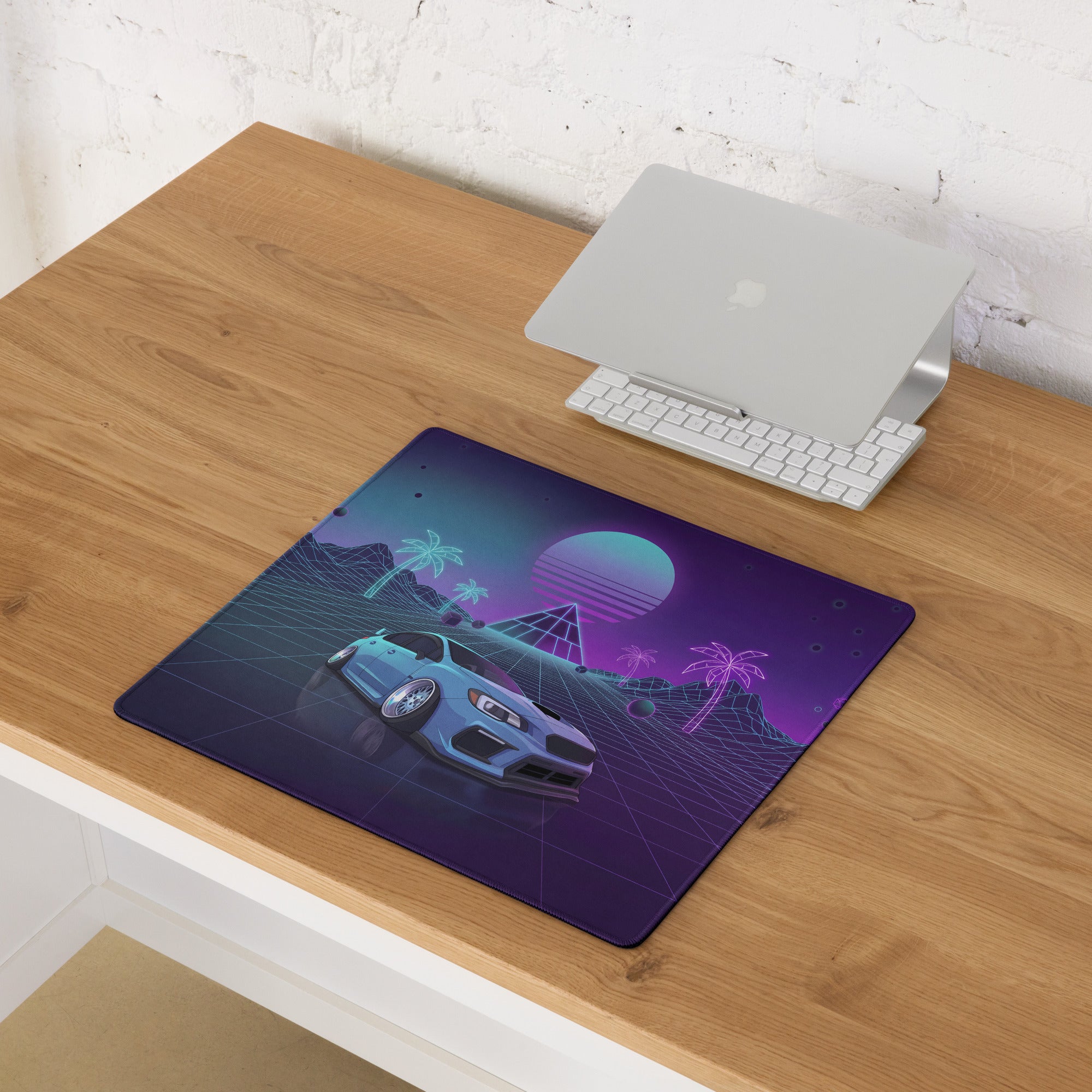 Subaru WRX STI VA Inspired Blue Purple Vaporwave Gaming Mouse Pad, Neon JDM Rally Car Desk Mat with Retro Futuristic Palm Grid Artwork