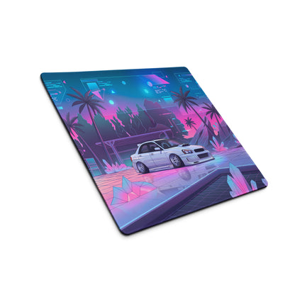 Subaru Impreza WRX STI Blobeye Inspired White Pink Vaporwave Gaming Mouse Pad, Neon JDM Rally Car Desk Mat with Futuristic Crystal Cyber Artwork