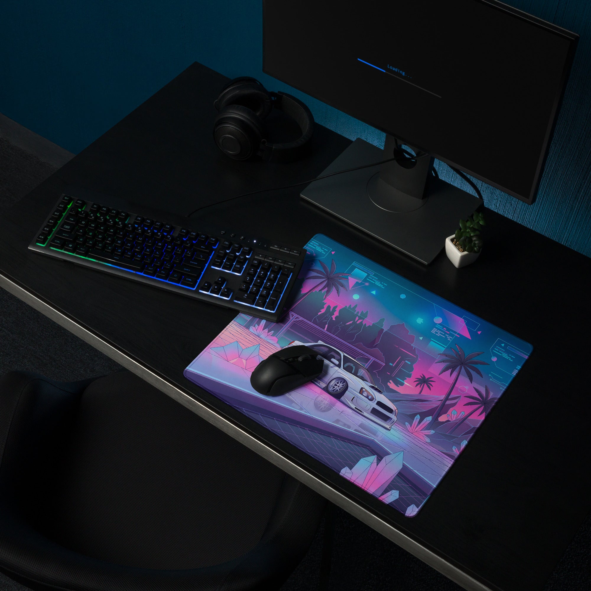 Subaru Impreza WRX STI Blobeye Inspired White Pink Vaporwave Gaming Mouse Pad, Neon JDM Rally Car Desk Mat with Futuristic Crystal Cyber Artwork