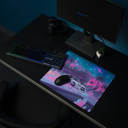 Subaru Impreza WRX STI Blobeye Inspired White Pink Vaporwave Gaming Mouse Pad, Neon JDM Rally Car Desk Mat with Futuristic Crystal Cyber Artwork