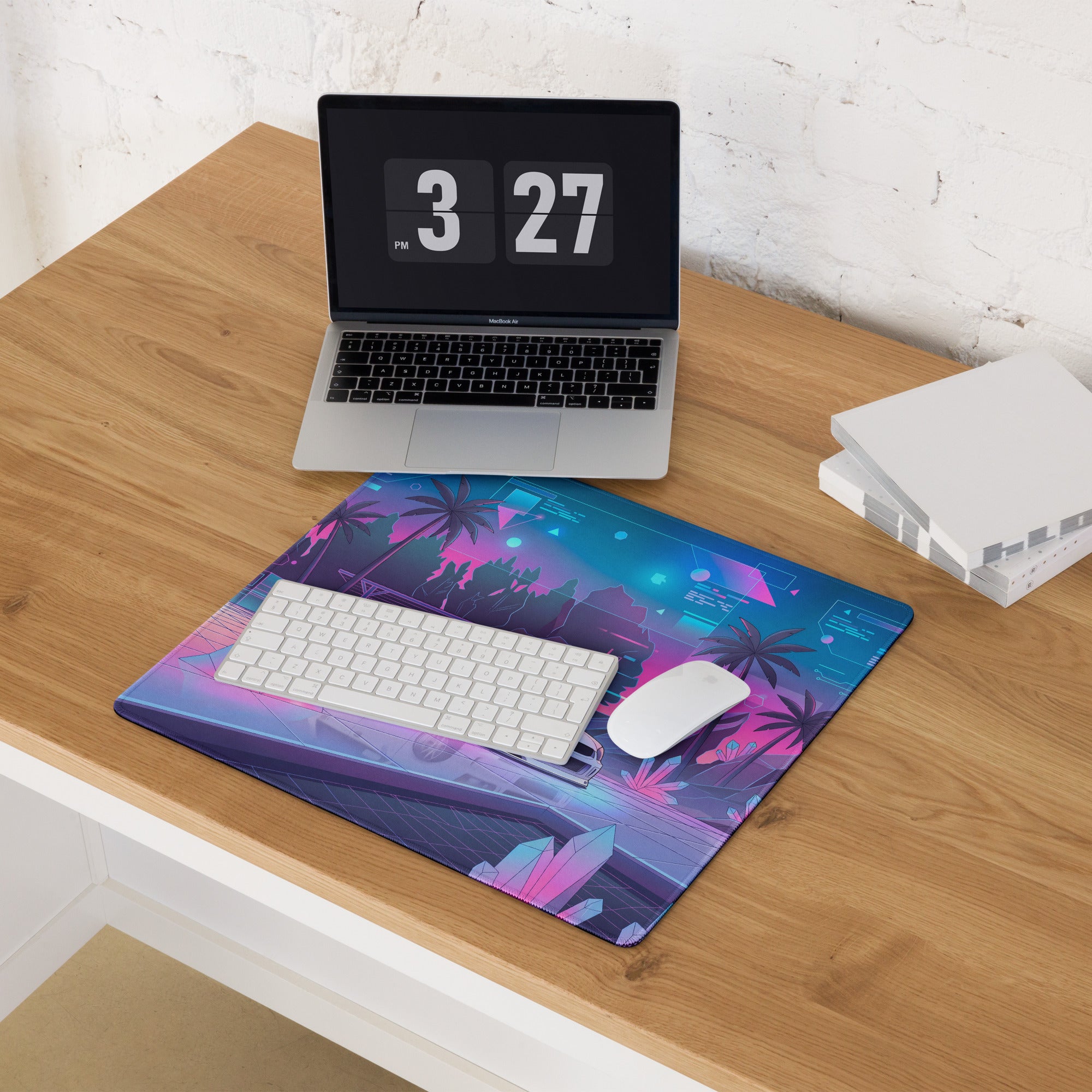 Subaru Impreza WRX STI Blobeye Inspired White Pink Vaporwave Gaming Mouse Pad, Neon JDM Rally Car Desk Mat with Futuristic Crystal Cyber Artwork