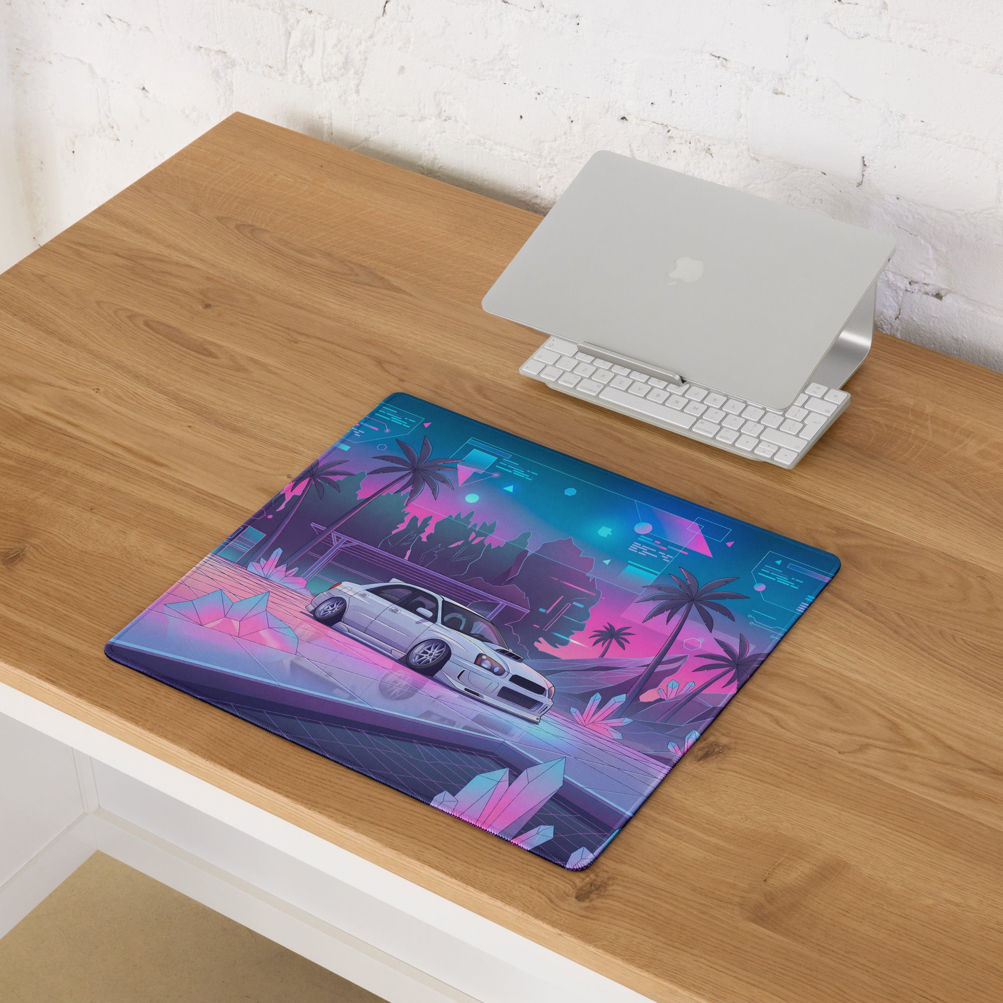 Subaru Impreza WRX STI Blobeye Inspired White Pink Vaporwave Gaming Mouse Pad, Neon JDM Rally Car Desk Mat with Futuristic Crystal Cyber Artwork