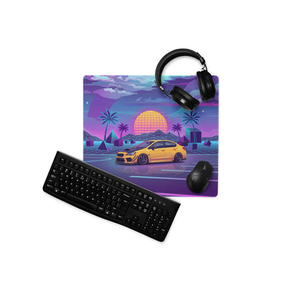 Subaru WRX STI VA Inspired Yellow Purple Vaporwave Gaming Mouse Pad, Neon JDM Rally Car Desk Mat with Retro Futuristic Palm Sunset Artwork