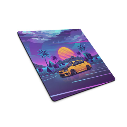 Subaru WRX STI VA Inspired Yellow Purple Vaporwave Gaming Mouse Pad, Neon JDM Rally Car Desk Mat with Retro Futuristic Palm Sunset Artwork