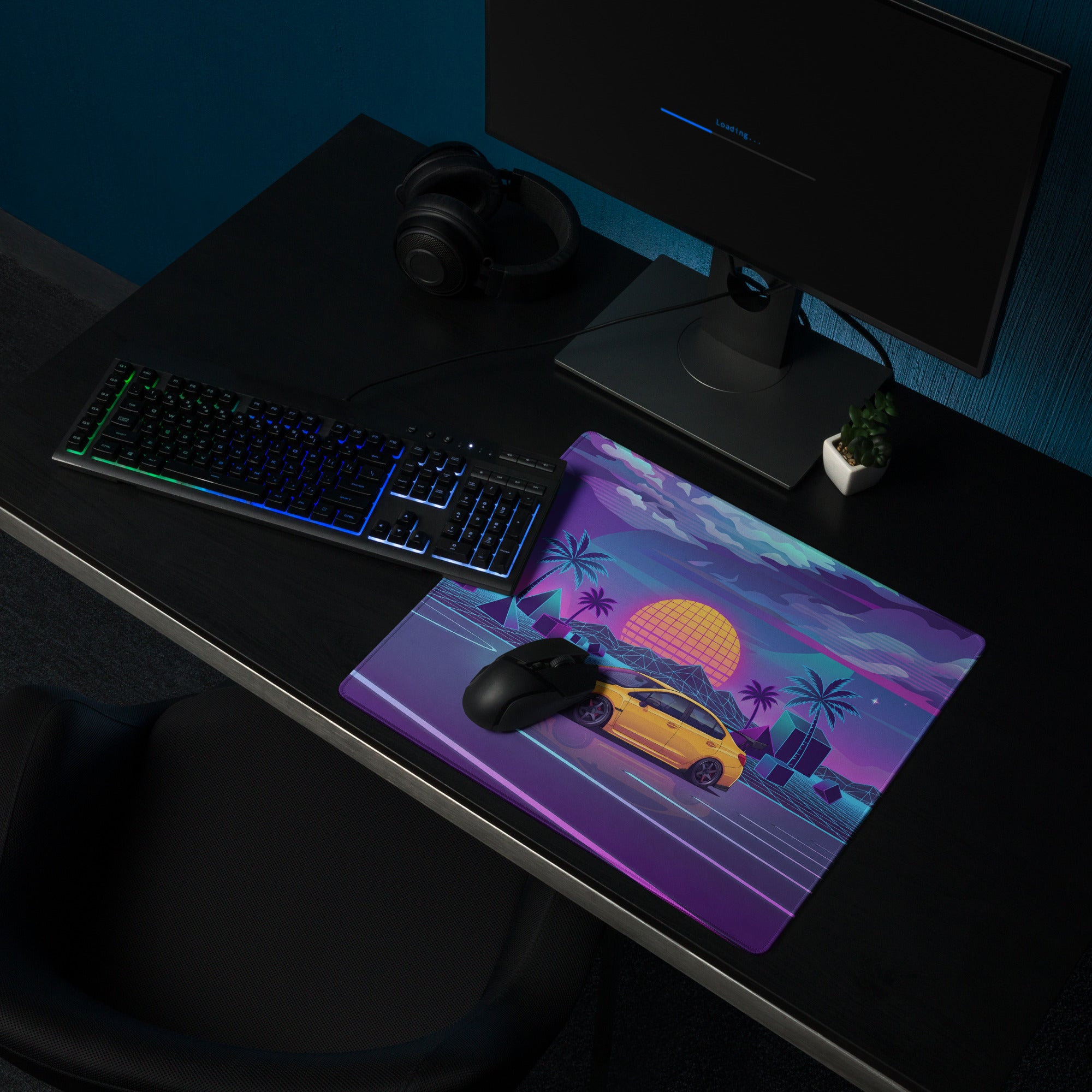 Subaru WRX STI VA Inspired Yellow Purple Vaporwave Gaming Mouse Pad, Neon JDM Rally Car Desk Mat with Retro Futuristic Palm Sunset Artwork