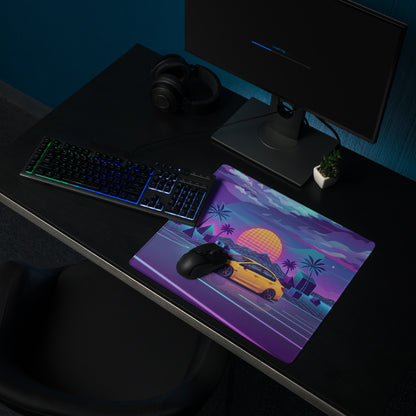 Subaru WRX STI VA Inspired Yellow Purple Vaporwave Gaming Mouse Pad, Neon JDM Rally Car Desk Mat with Retro Futuristic Palm Sunset Artwork
