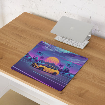 Subaru WRX STI VA Inspired Yellow Purple Vaporwave Gaming Mouse Pad, Neon JDM Rally Car Desk Mat with Retro Futuristic Palm Sunset Artwork