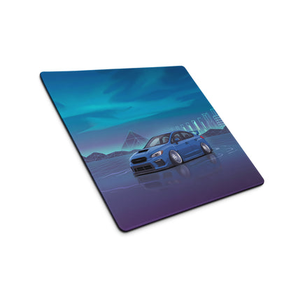 Subaru WRX STI VA Inspired Blue Cyan Vaporwave Gaming Mouse Pad, Neon JDM Rally Car Desk Mat with Retro Futuristic City Grid Artwork