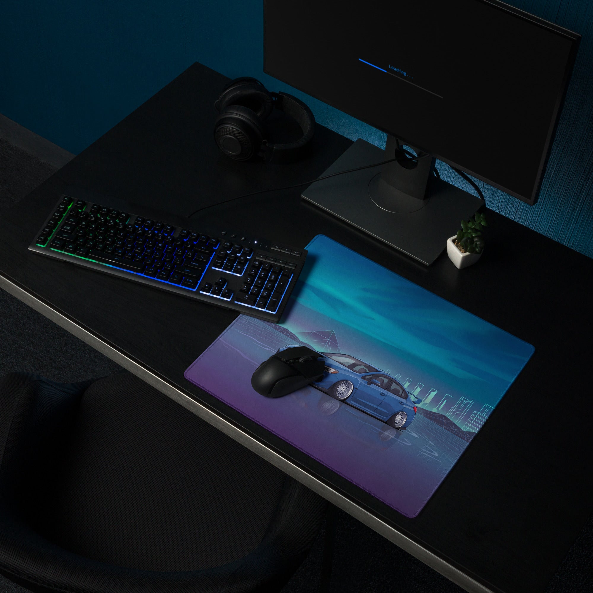 Subaru WRX STI VA Inspired Blue Cyan Vaporwave Gaming Mouse Pad, Neon JDM Rally Car Desk Mat with Retro Futuristic City Grid Artwork