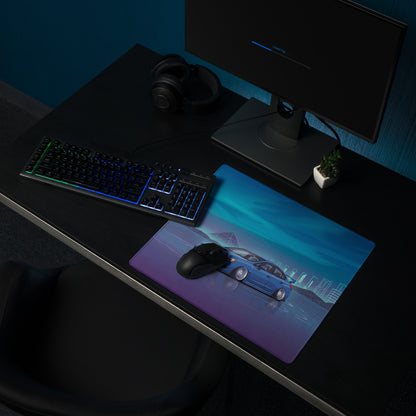 Subaru WRX STI VA Inspired Blue Cyan Vaporwave Gaming Mouse Pad, Neon JDM Rally Car Desk Mat with Retro Futuristic City Grid Artwork