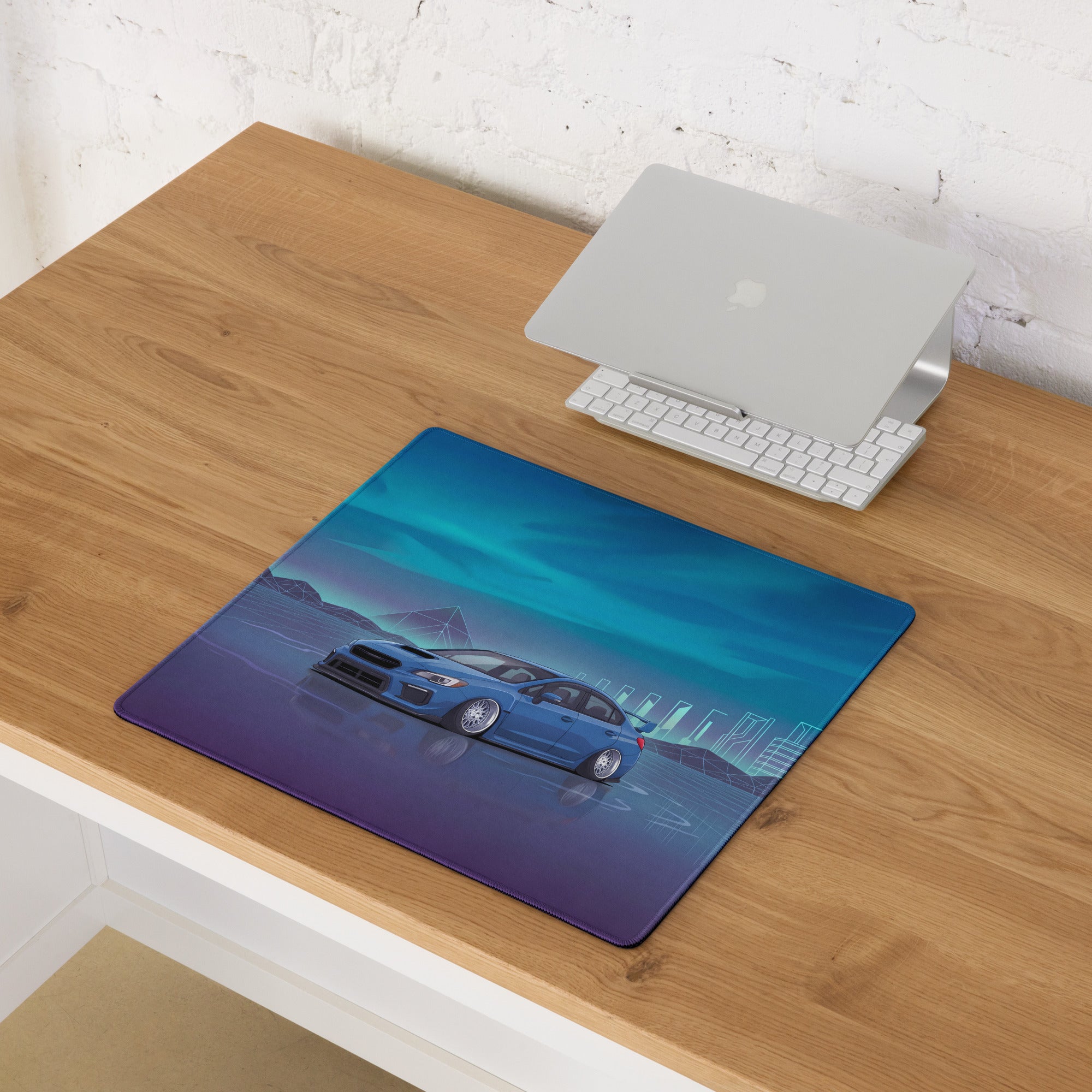 Subaru WRX STI VA Inspired Blue Cyan Vaporwave Gaming Mouse Pad, Neon JDM Rally Car Desk Mat with Retro Futuristic City Grid Artwork