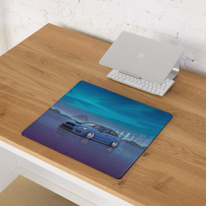 Subaru WRX STI VA Inspired Blue Cyan Vaporwave Gaming Mouse Pad, Neon JDM Rally Car Desk Mat with Retro Futuristic City Grid Artwork