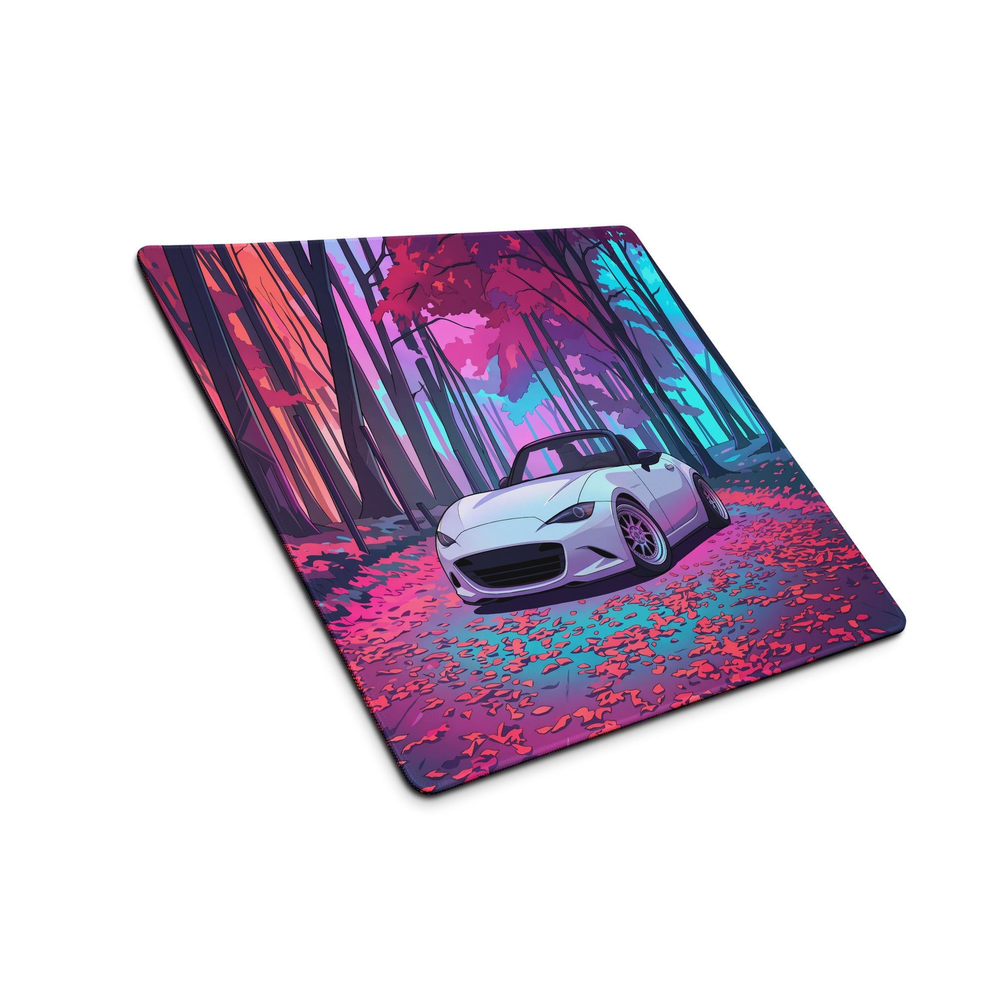 Mazda MX-5 Miata ND Inspired White Pink Vaporwave Gaming Mouse Pad, Japanese Roadster Desk Mat with Neon Forest and Dreamy Retro Artwork