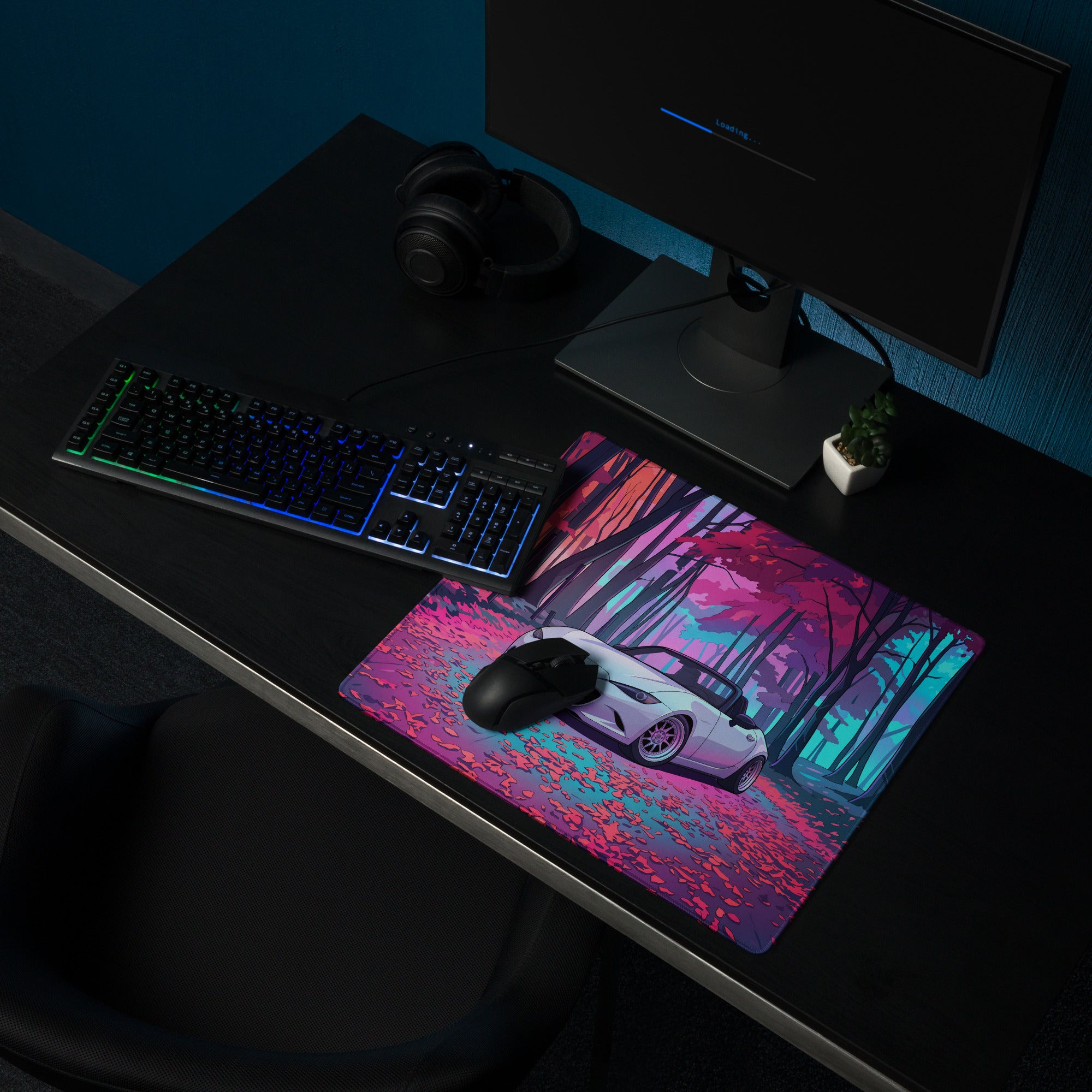 Mazda MX-5 Miata ND Inspired White Pink Vaporwave Gaming Mouse Pad, Japanese Roadster Desk Mat with Neon Forest and Dreamy Retro Artwork