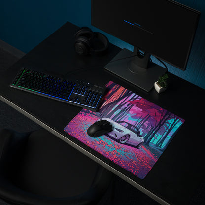 Mazda MX-5 Miata ND Inspired White Pink Vaporwave Gaming Mouse Pad, Japanese Roadster Desk Mat with Neon Forest and Dreamy Retro Artwork
