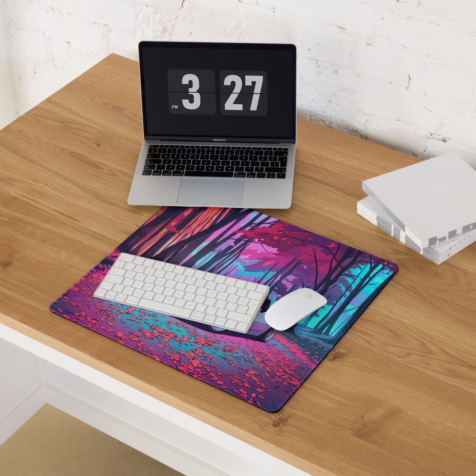 Mazda MX-5 Miata ND Inspired White Pink Vaporwave Gaming Mouse Pad, Japanese Roadster Desk Mat with Neon Forest and Dreamy Retro Artwork