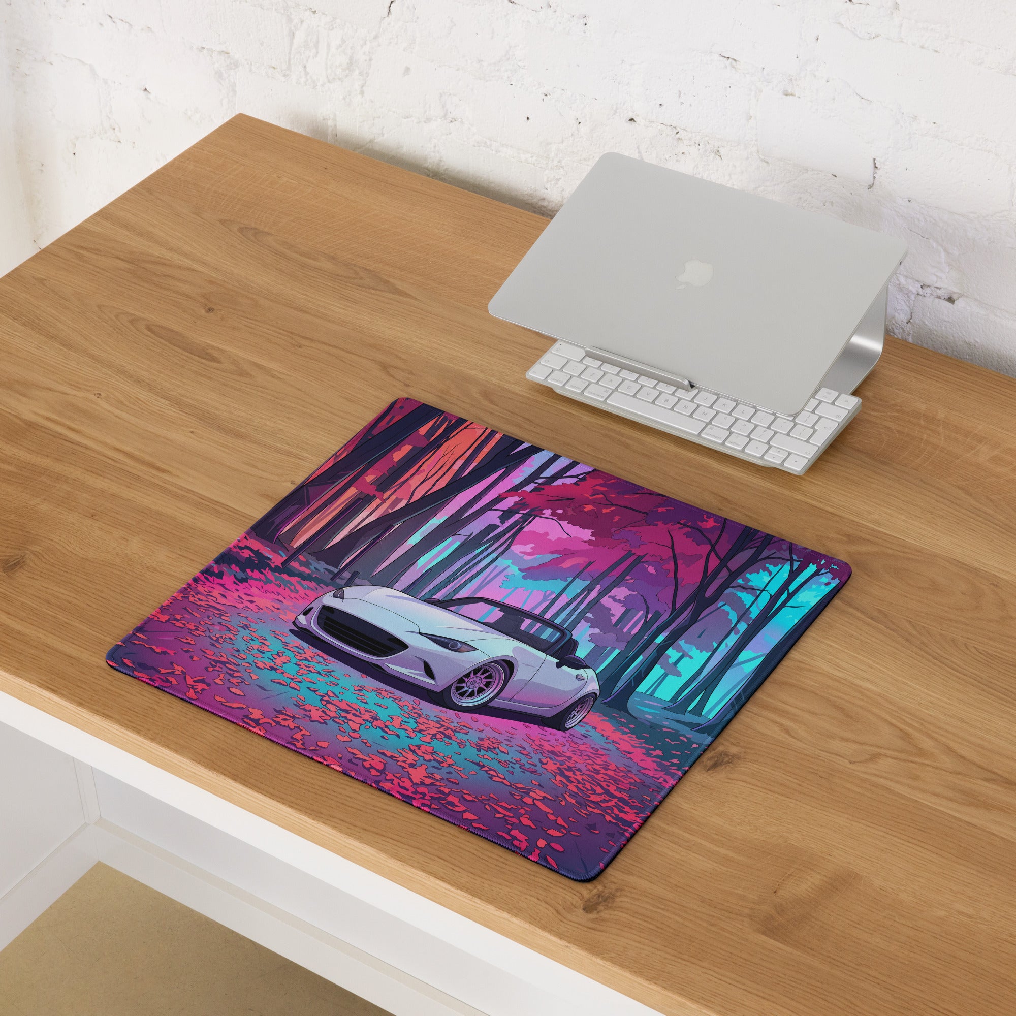 Mazda MX-5 Miata ND Inspired White Pink Vaporwave Gaming Mouse Pad, Japanese Roadster Desk Mat with Neon Forest and Dreamy Retro Artwork