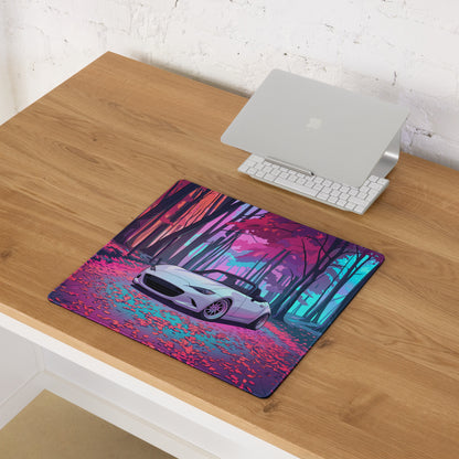Mazda MX-5 Miata ND Inspired White Pink Vaporwave Gaming Mouse Pad, Japanese Roadster Desk Mat with Neon Forest and Dreamy Retro Artwork