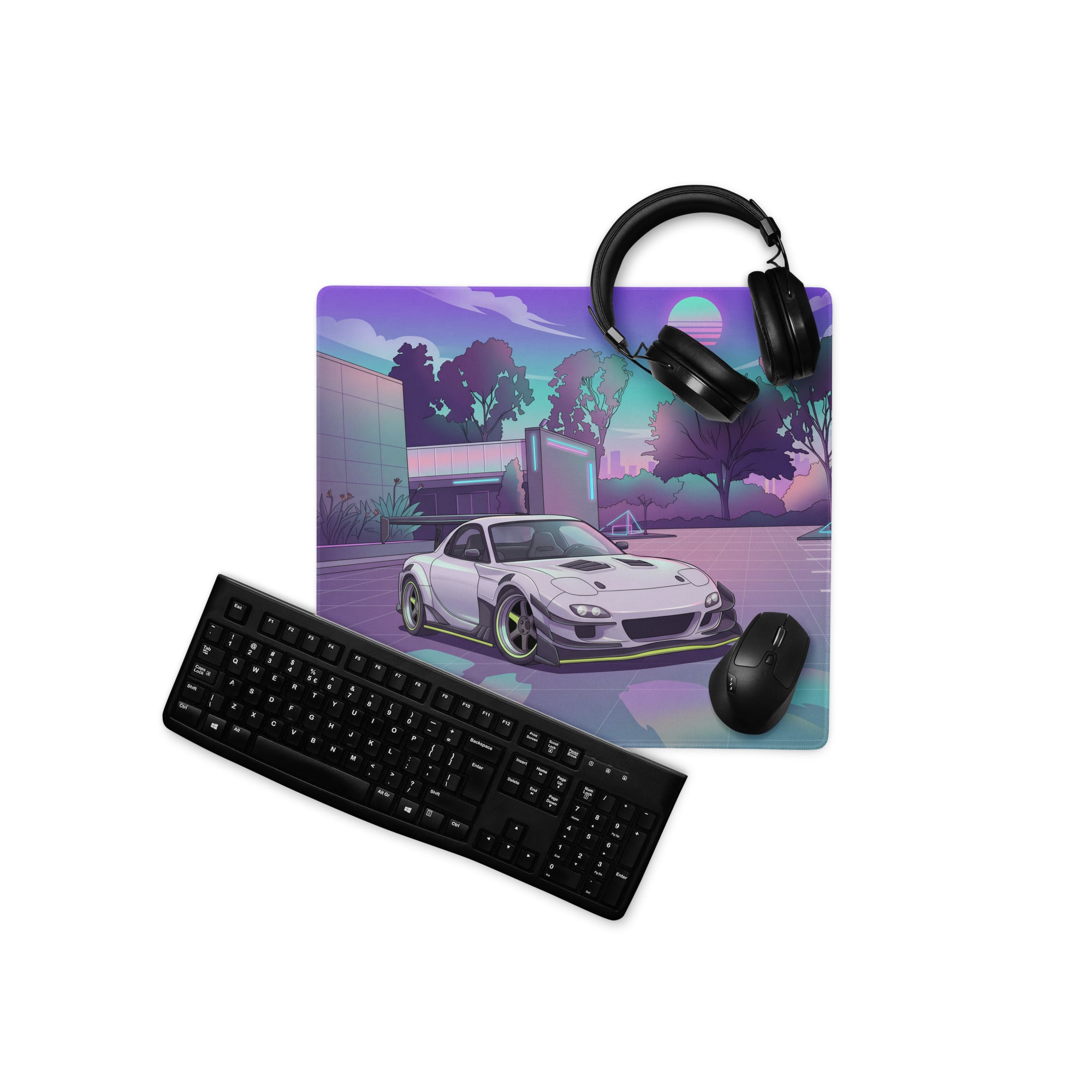 Mazda RX-7 FD Inspired White Purple Vaporwave Gaming Mouse Pad, Neon JDM Sports Car Desk Mat with Retro Futuristic Japanese City Artwork