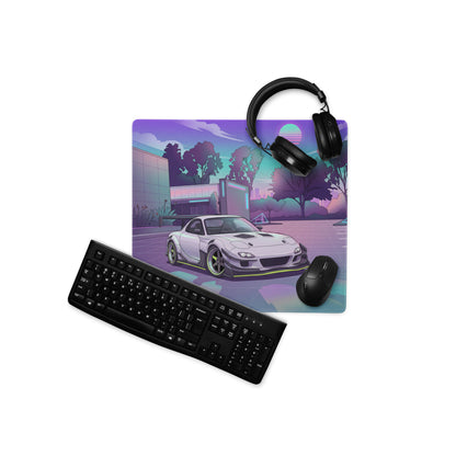Mazda RX-7 FD Inspired White Purple Vaporwave Gaming Mouse Pad, Neon JDM Sports Car Desk Mat with Retro Futuristic Japanese City Artwork