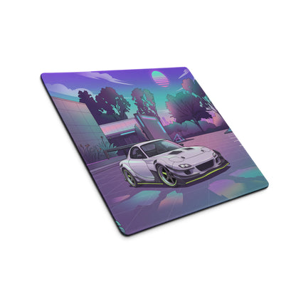 Mazda RX-7 FD Inspired White Purple Vaporwave Gaming Mouse Pad, Neon JDM Sports Car Desk Mat with Retro Futuristic Japanese City Artwork