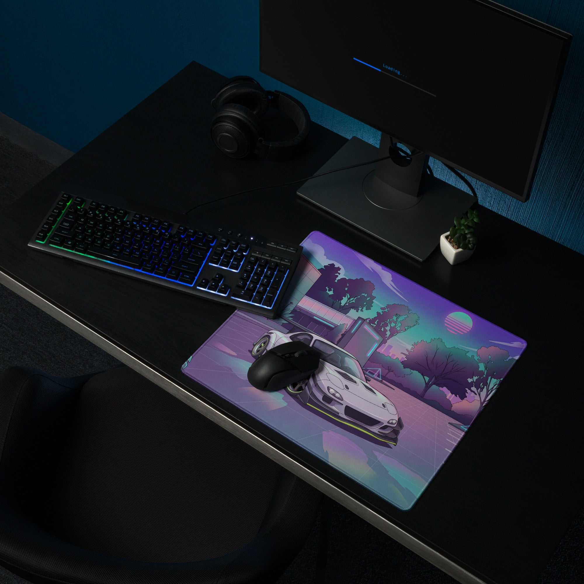 Mazda RX-7 FD Inspired White Purple Vaporwave Gaming Mouse Pad, Neon JDM Sports Car Desk Mat with Retro Futuristic Japanese City Artwork