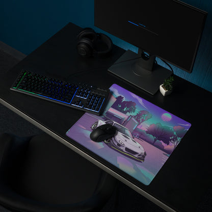 Mazda RX-7 FD Inspired White Purple Vaporwave Gaming Mouse Pad, Neon JDM Sports Car Desk Mat with Retro Futuristic Japanese City Artwork