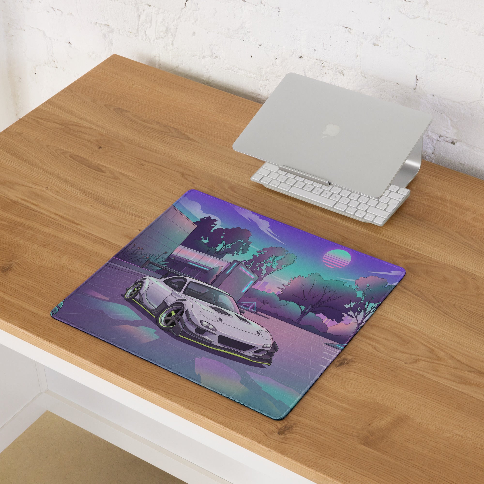 Mazda RX-7 FD Inspired White Purple Vaporwave Gaming Mouse Pad, Neon JDM Sports Car Desk Mat with Retro Futuristic Japanese City Artwork