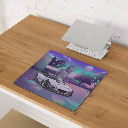 Mazda RX-7 FD Inspired White Purple Vaporwave Gaming Mouse Pad, Neon JDM Sports Car Desk Mat with Retro Futuristic Japanese City Artwork