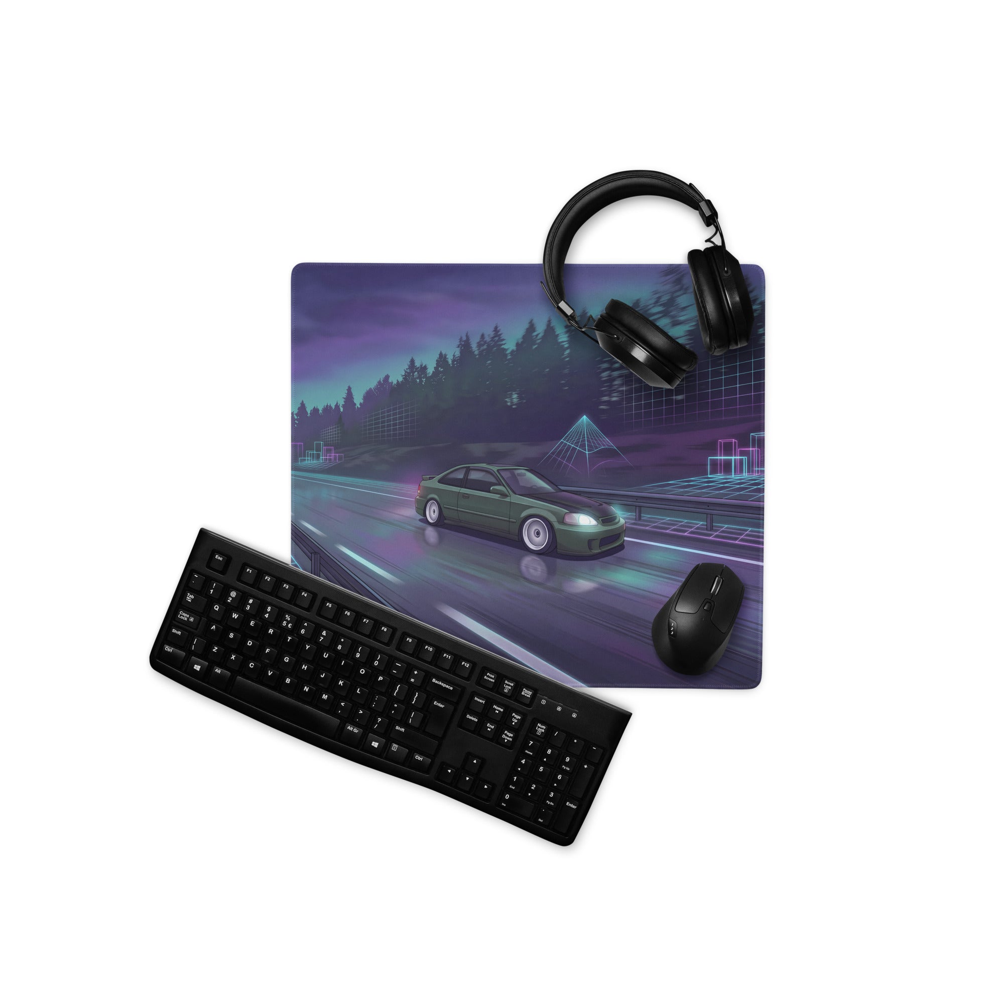 Honda Civic Si EM1 Inspired Green Purple Vaporwave Gaming Mouse Pad, Neon JDM Tuner Car Desk Mat with Retro Futuristic Highway Artwork