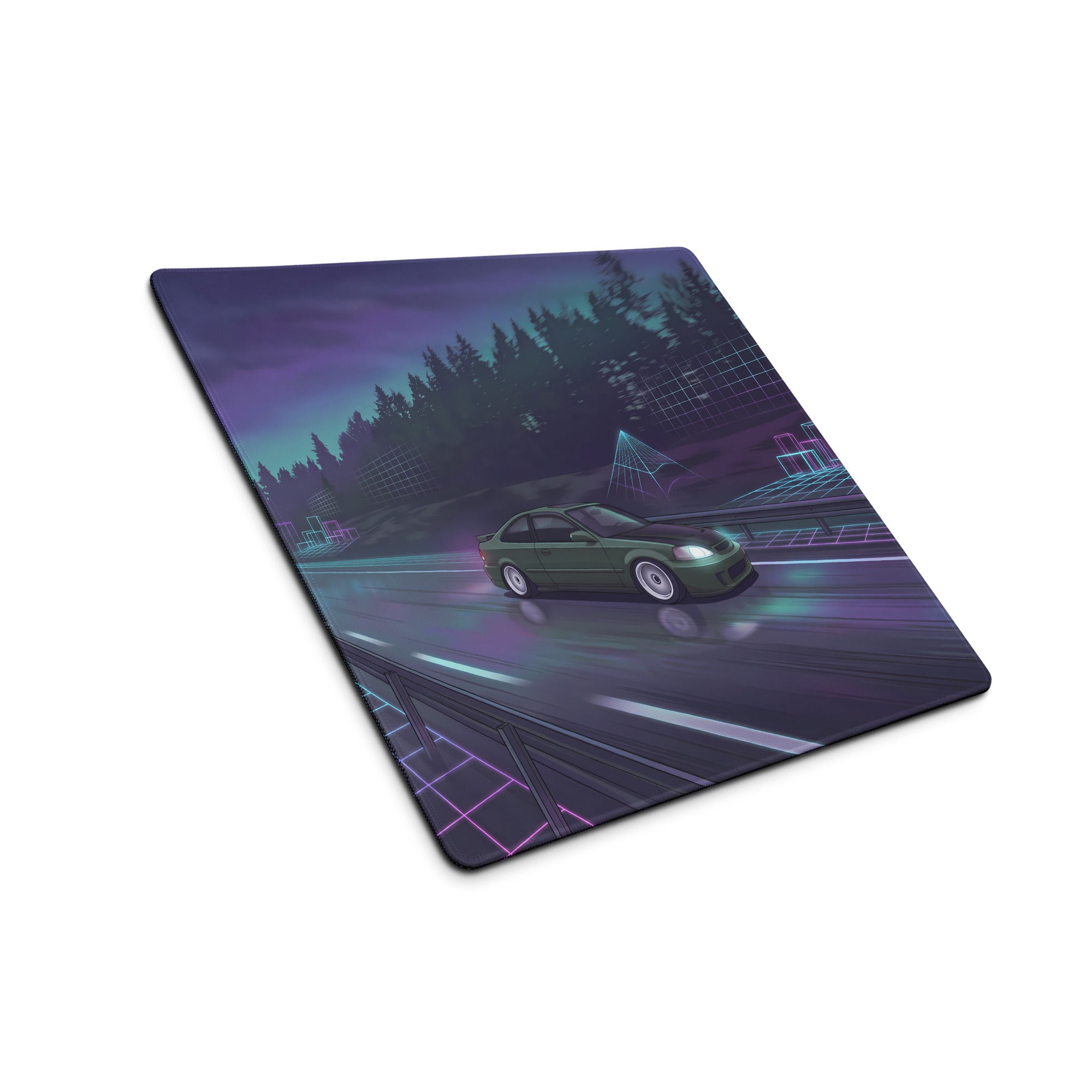 Honda Civic Si EM1 Inspired Green Purple Vaporwave Gaming Mouse Pad, Neon JDM Tuner Car Desk Mat with Retro Futuristic Highway Artwork