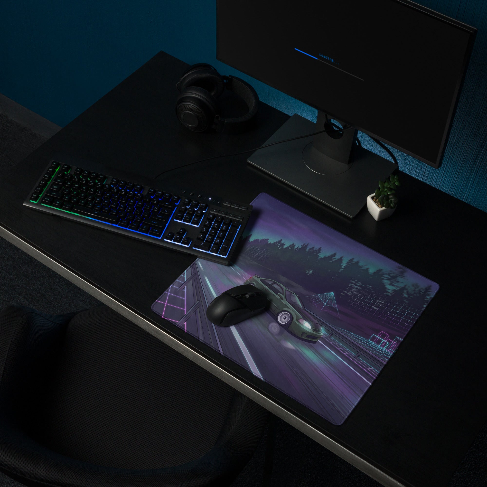 Honda Civic Si EM1 Inspired Green Purple Vaporwave Gaming Mouse Pad, Neon JDM Tuner Car Desk Mat with Retro Futuristic Highway Artwork