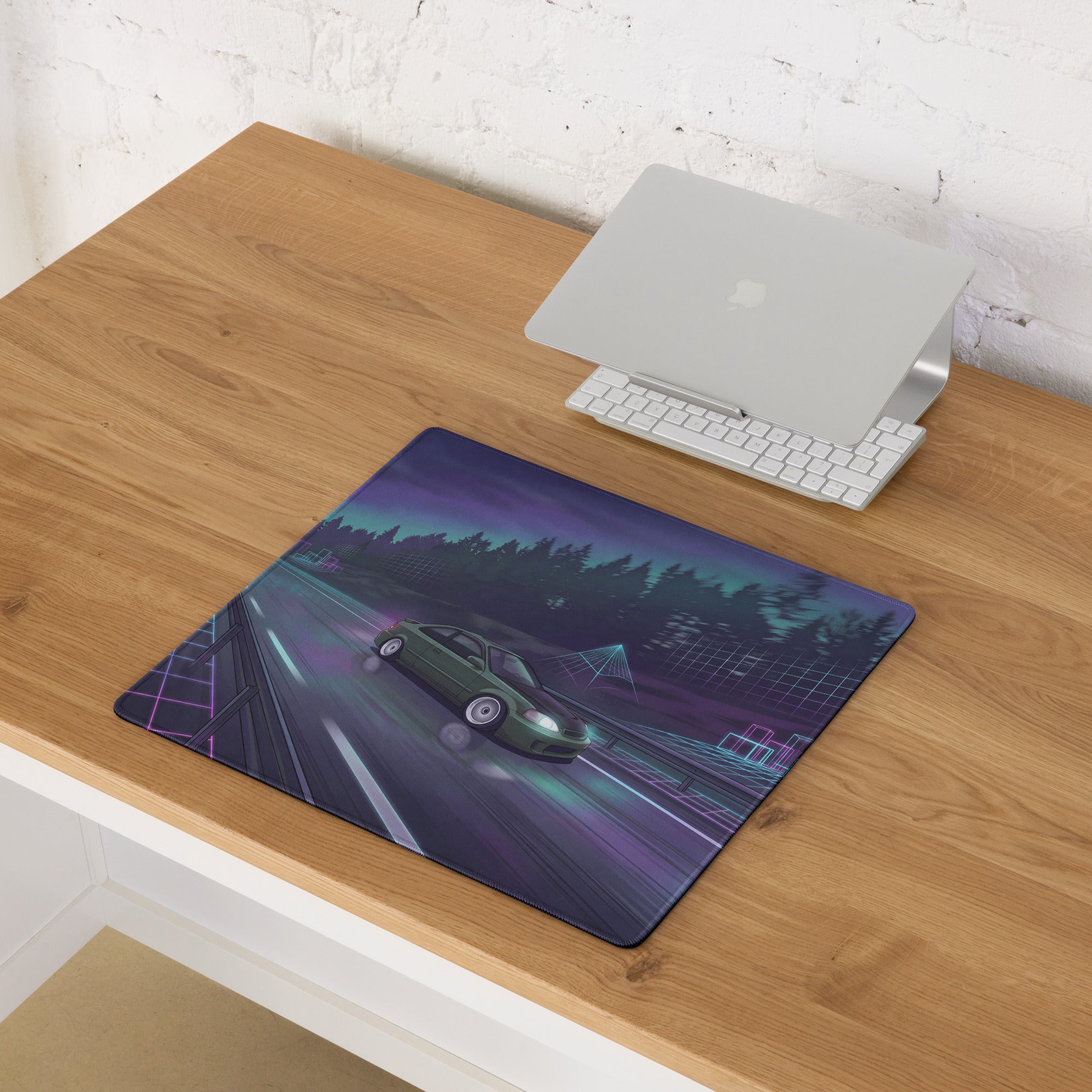 Honda Civic Si EM1 Inspired Green Purple Vaporwave Gaming Mouse Pad, Neon JDM Tuner Car Desk Mat with Retro Futuristic Highway Artwork