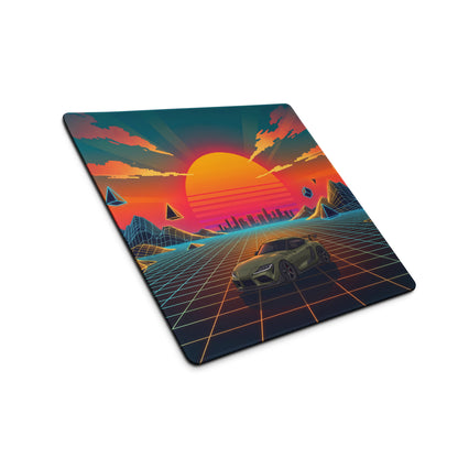 Toyota GR Supra A90 Inspired Olive Green Orange Vaporwave Gaming Mouse Pad, Neon JDM Sports Car Desk Mat with Retro Futuristic Sunset Grid Artwork