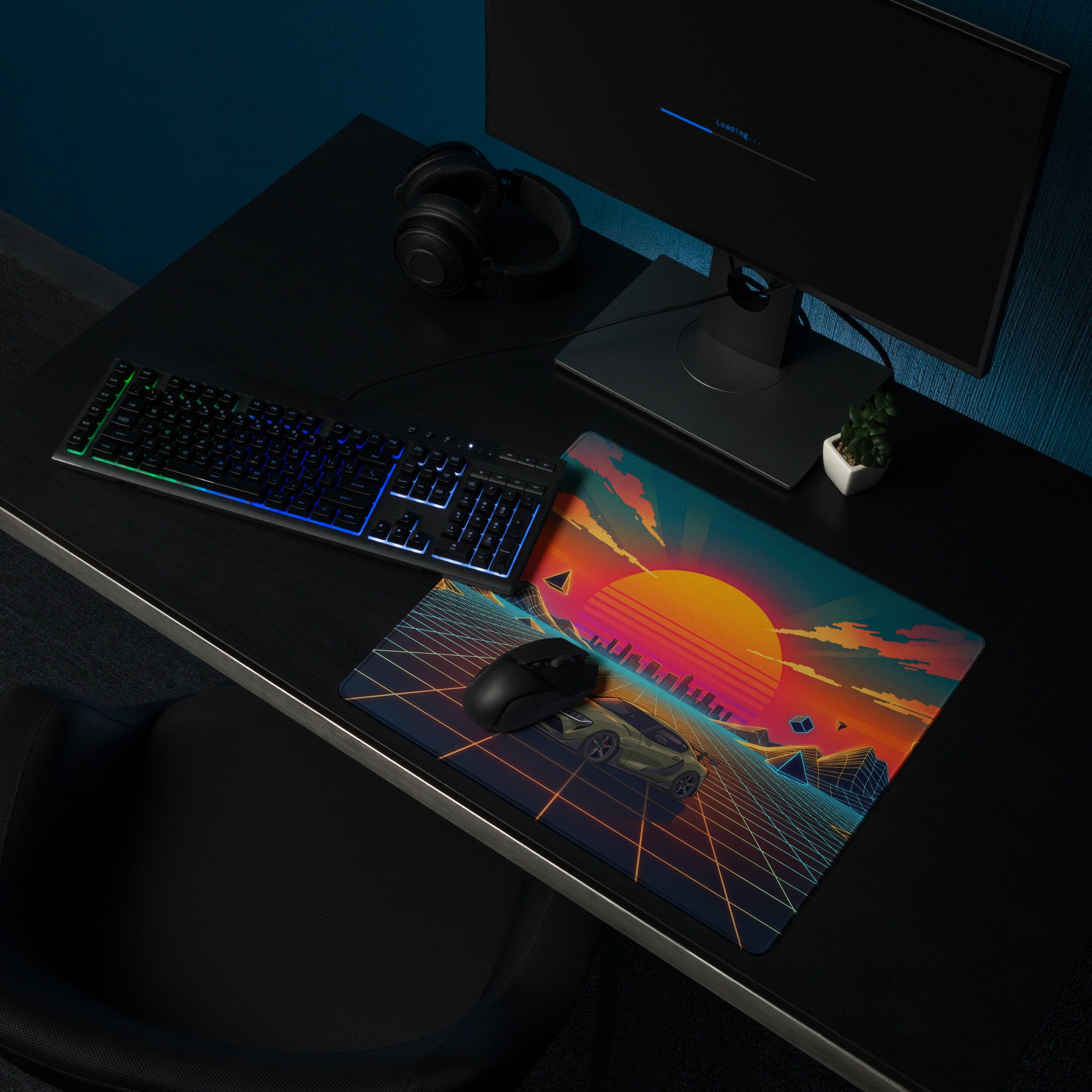 Toyota GR Supra A90 Inspired Olive Green Orange Vaporwave Gaming Mouse Pad, Neon JDM Sports Car Desk Mat with Retro Futuristic Sunset Grid Artwork
