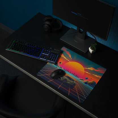 Toyota GR Supra A90 Inspired Olive Green Orange Vaporwave Gaming Mouse Pad, Neon JDM Sports Car Desk Mat with Retro Futuristic Sunset Grid Artwork