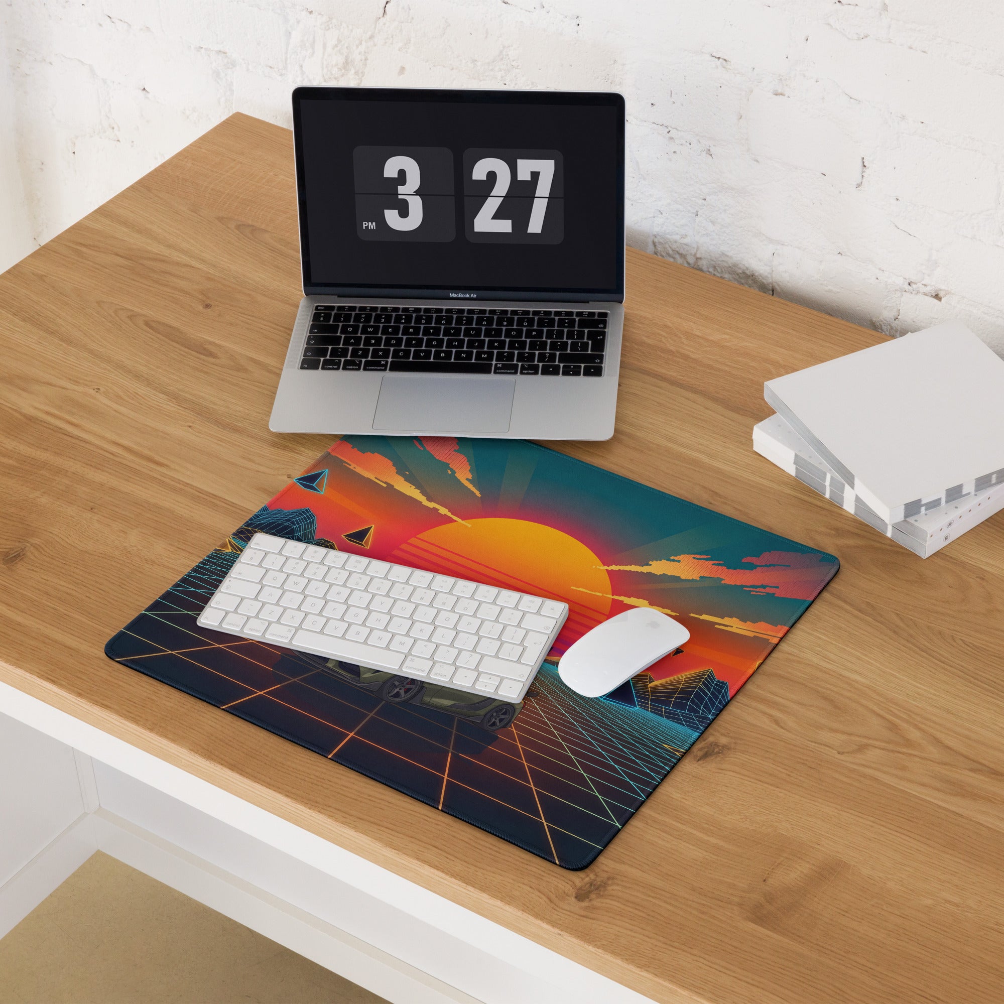 Toyota GR Supra A90 Inspired Olive Green Orange Vaporwave Gaming Mouse Pad, Neon JDM Sports Car Desk Mat with Retro Futuristic Sunset Grid Artwork