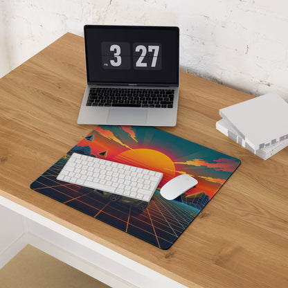 Toyota GR Supra A90 Inspired Olive Green Orange Vaporwave Gaming Mouse Pad, Neon JDM Sports Car Desk Mat with Retro Futuristic Sunset Grid Artwork