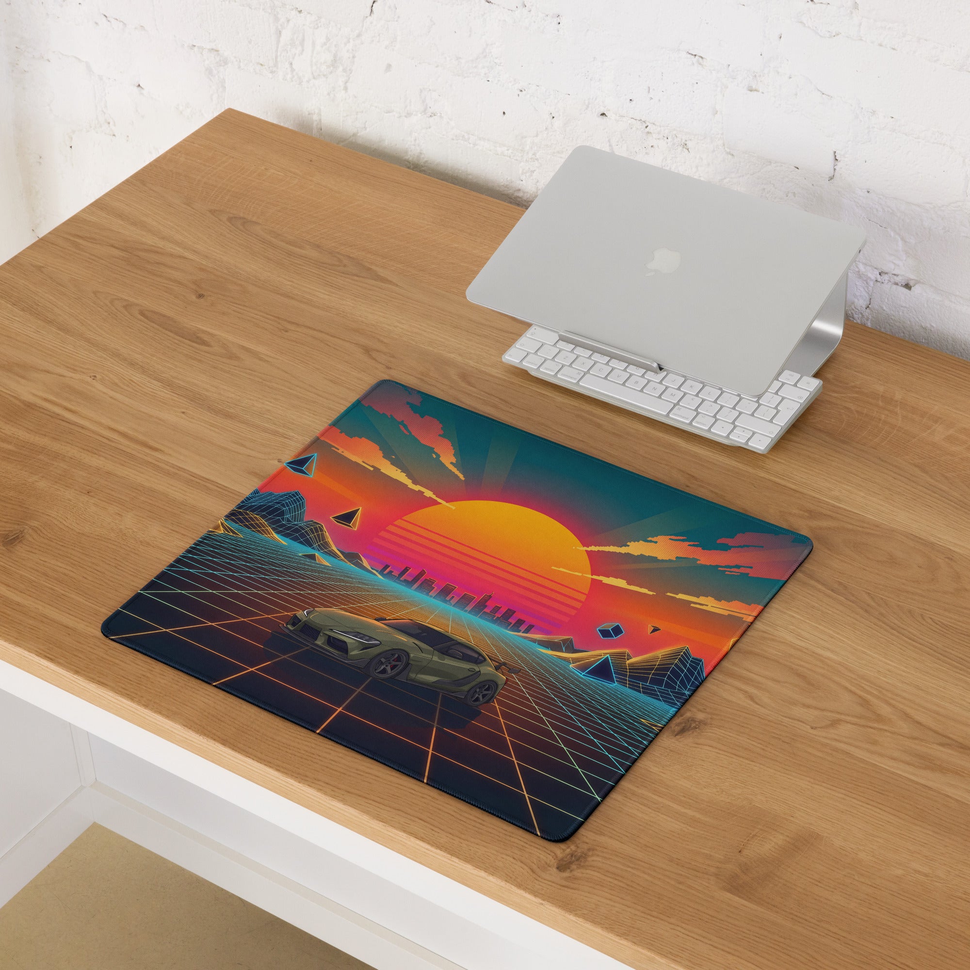 Toyota GR Supra A90 Inspired Olive Green Orange Vaporwave Gaming Mouse Pad, Neon JDM Sports Car Desk Mat with Retro Futuristic Sunset Grid Artwork