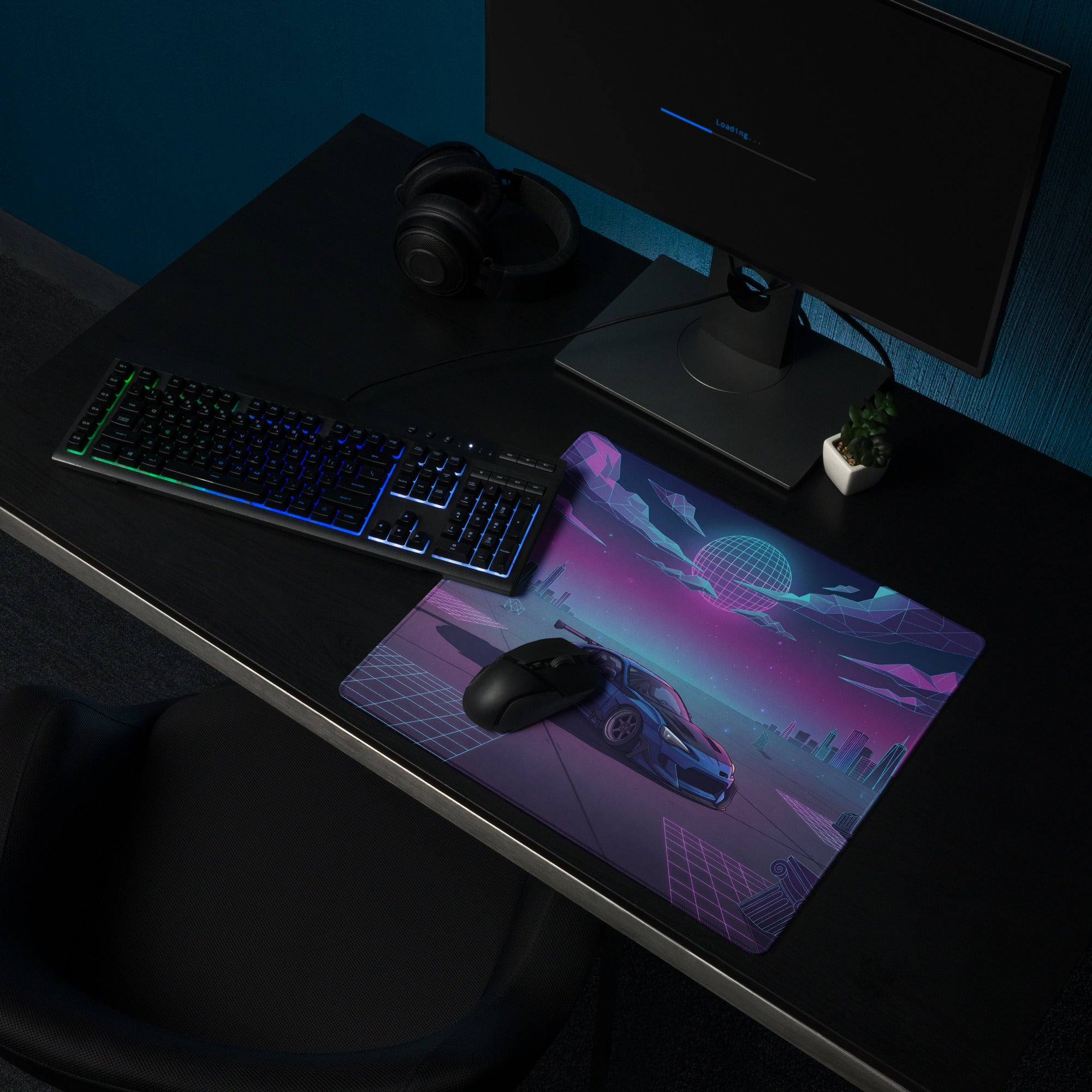 Toyota 86 Inspired Blue Purple Vaporwave Gaming Mouse Pad, Neon JDM Sports Car Desk Mat with Retro Futuristic Cyber City Ruins Artwork