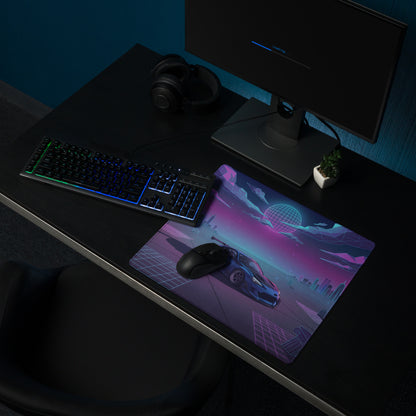 Toyota 86 Inspired Blue Purple Vaporwave Gaming Mouse Pad, Neon JDM Sports Car Desk Mat with Retro Futuristic Cyber City Ruins Artwork