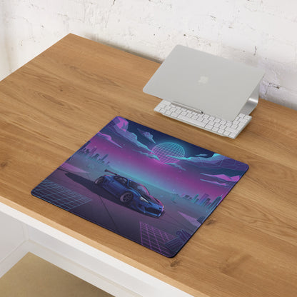 Toyota 86 Inspired Blue Purple Vaporwave Gaming Mouse Pad, Neon JDM Sports Car Desk Mat with Retro Futuristic Cyber City Ruins Artwork