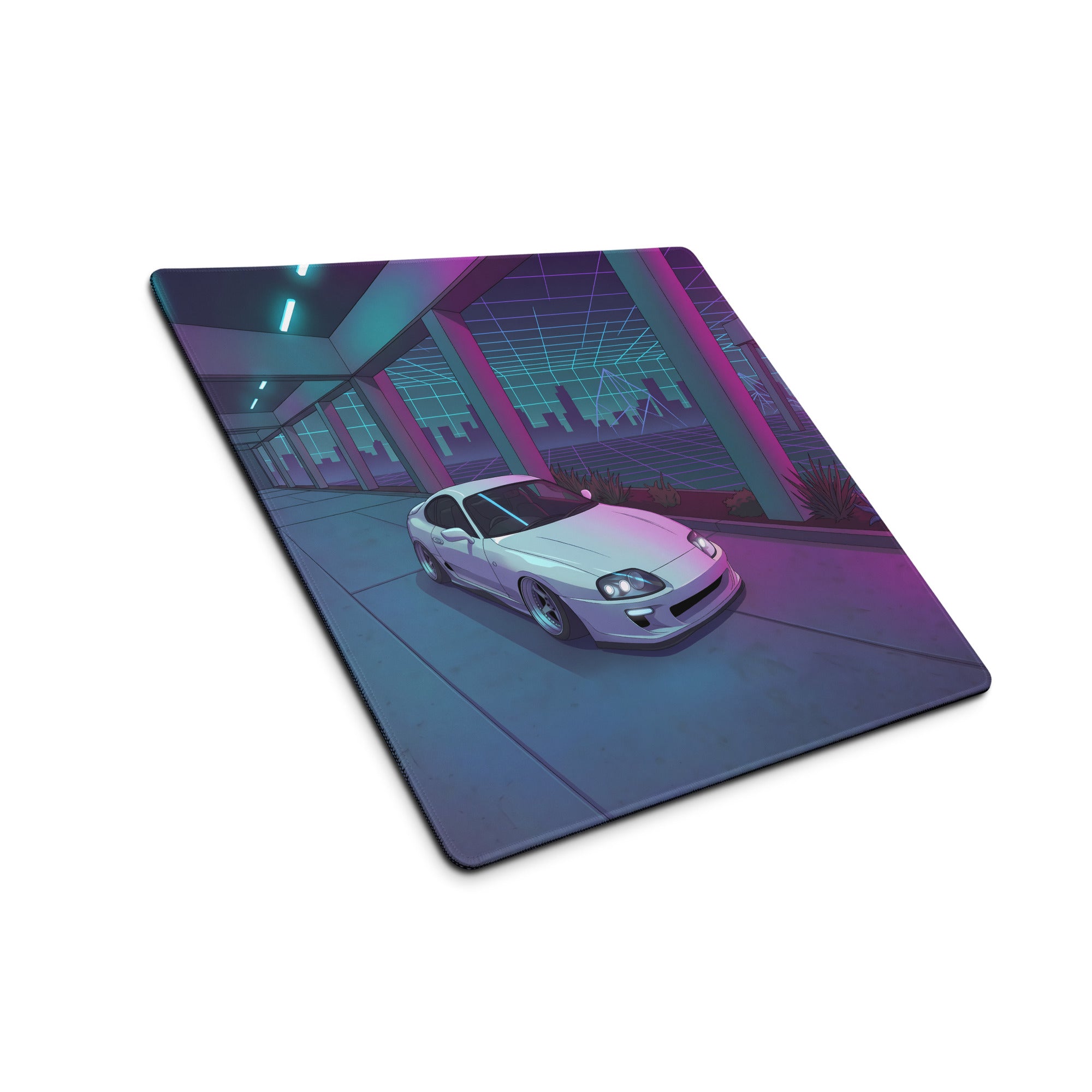 Toyota Supra MK4 A80 Inspired White Purple Vaporwave Gaming Mouse Pad, Neon JDM Sports Car Desk Mat with Retro Futuristic Cyber City Artwork