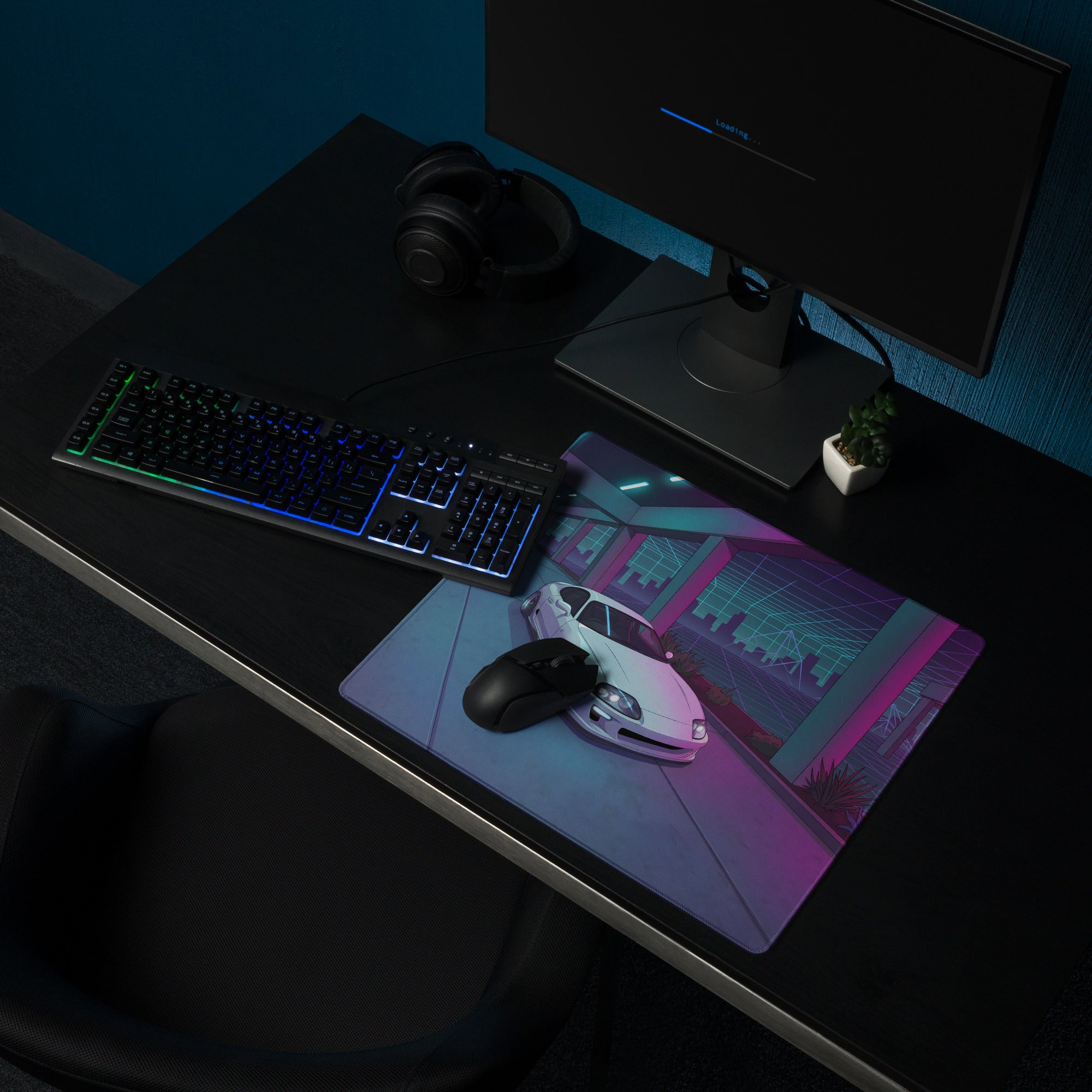 Toyota Supra MK4 A80 Inspired White Purple Vaporwave Gaming Mouse Pad, Neon JDM Sports Car Desk Mat with Retro Futuristic Cyber City Artwork