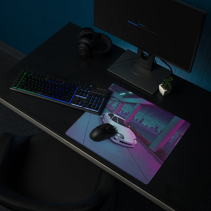 Toyota Supra MK4 A80 Inspired White Purple Vaporwave Gaming Mouse Pad, Neon JDM Sports Car Desk Mat with Retro Futuristic Cyber City Artwork