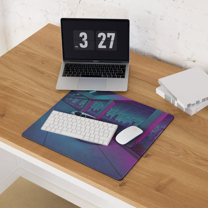 Toyota Supra MK4 A80 Inspired White Purple Vaporwave Gaming Mouse Pad, Neon JDM Sports Car Desk Mat with Retro Futuristic Cyber City Artwork
