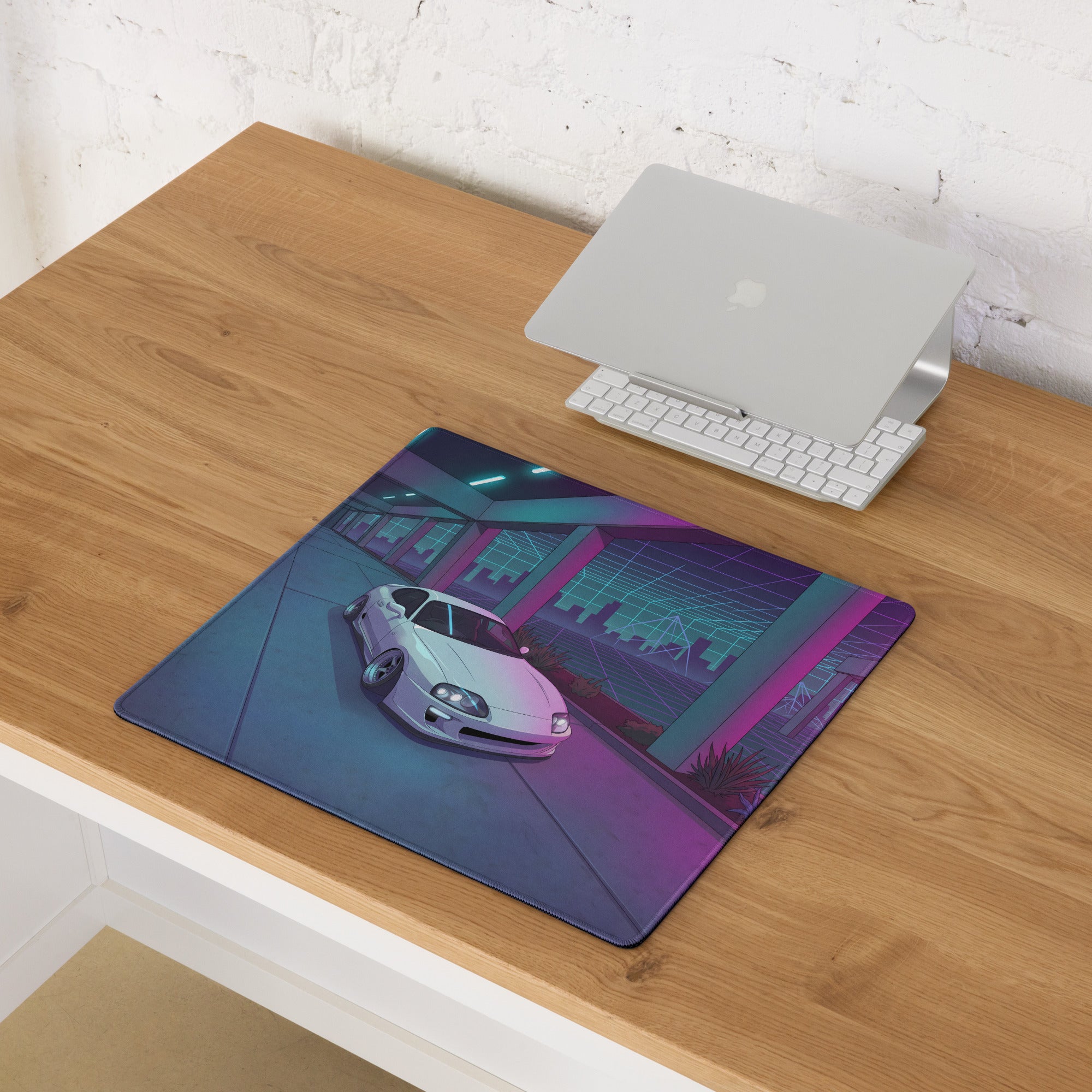 Toyota Supra MK4 A80 Inspired White Purple Vaporwave Gaming Mouse Pad, Neon JDM Sports Car Desk Mat with Retro Futuristic Cyber City Artwork