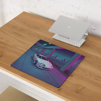 Toyota Supra MK4 A80 Inspired White Purple Vaporwave Gaming Mouse Pad, Neon JDM Sports Car Desk Mat with Retro Futuristic Cyber City Artwork