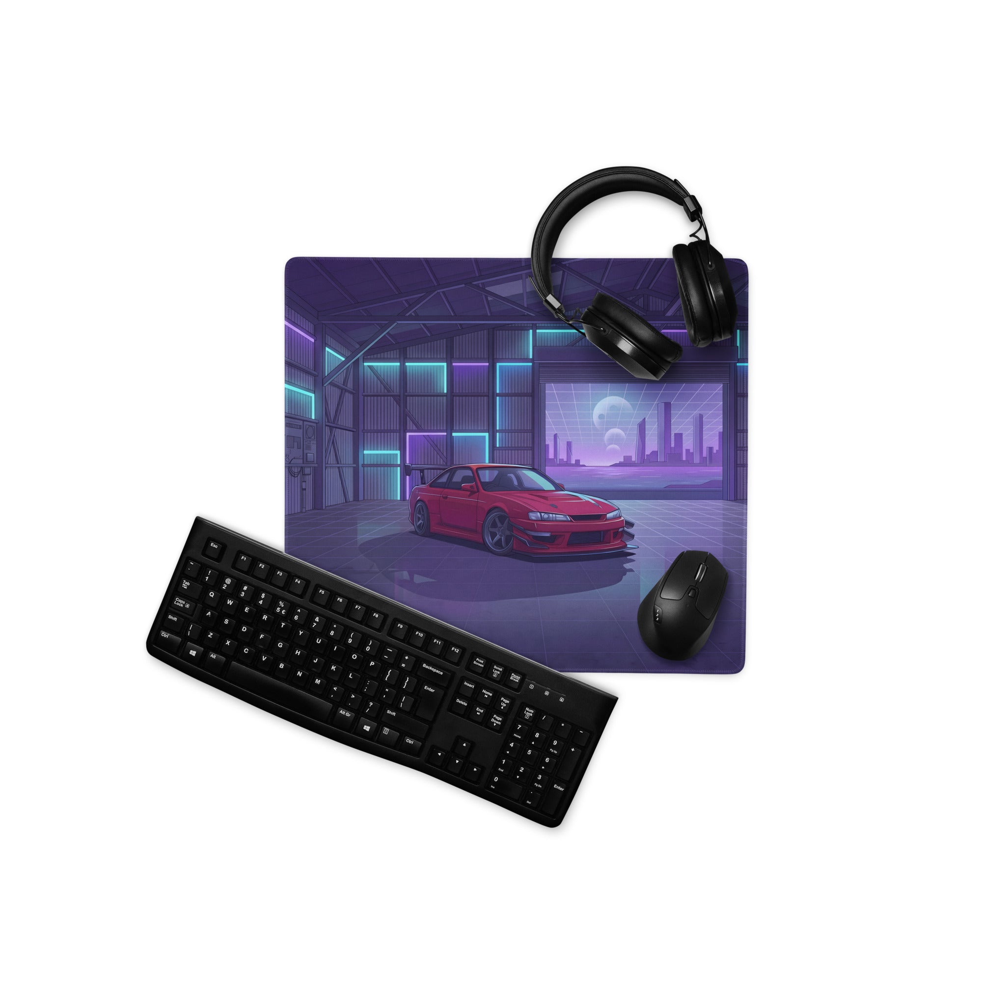 Nissan Silvia S14 Inspired Red Purple Vaporwave Gaming Mouse Pad, Neon JDM Drift Car Desk Mat with Retro Futuristic Garage City Artwork